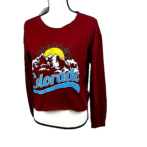 NWT Messy Bun Just Chillin Long Sleeve Colorado Crop in Burgundy Wine Color Sz S - Picture 3 of 16